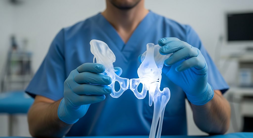 Orthopedic surgeon holding a 3D anatomical model of the hip joint